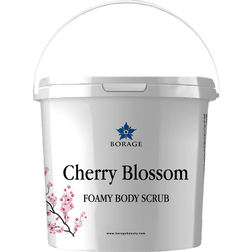 Bottle of Cherry Blossom Foamy Body Scrub by Borage on a white background