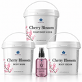 Cherry Blossom body care set with foamy body scrub, mask, cream and spa fragrance