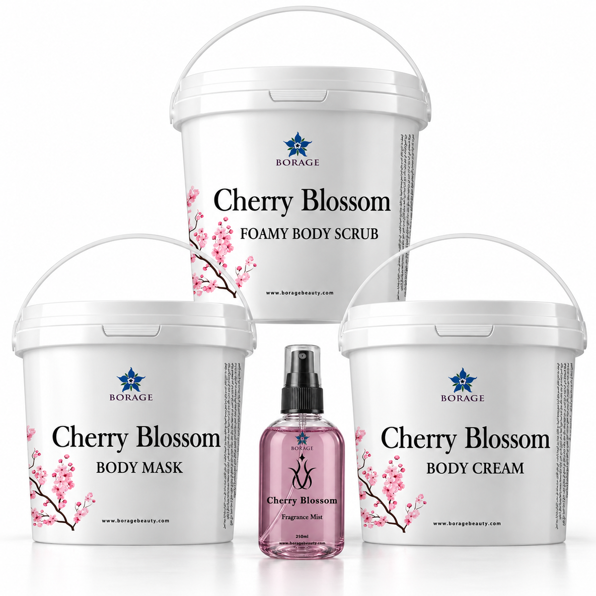 Cherry Blossom body care set with foamy body scrub, mask, cream and spa fragrance