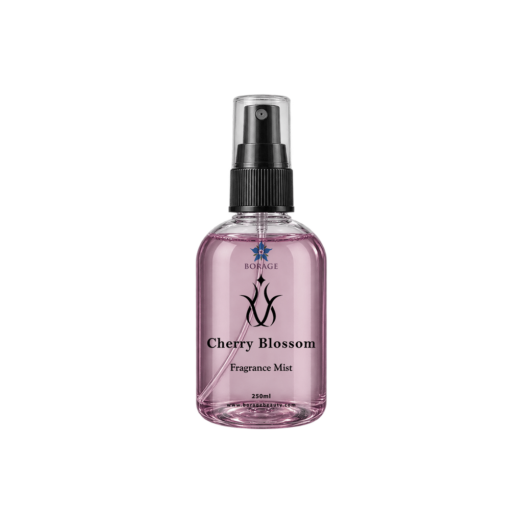 Bottle of Cherry Blossom Fragrance Mist with brand logo on a white background