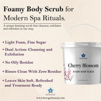 Borage Cherry Blossom Foamy Body Scrub container with product details on a beige background