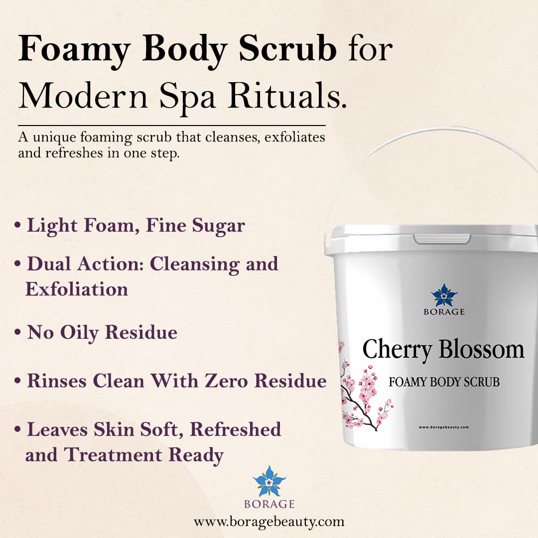 Borage Cherry Blossom Foamy Body Scrub container with product details on a beige background