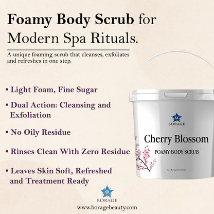 Borage Cherry Blossom Foamy Body Scrub container with product details on a beige background