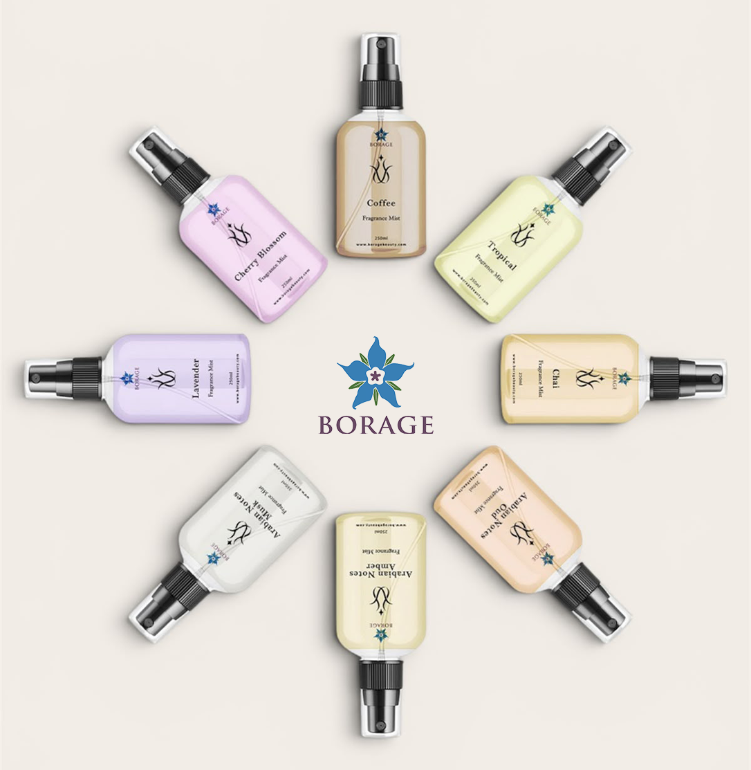 Eight Borage hair care spray bottles arranged in a circular pattern on a light beige background, featuring various pastel shades including pink, tan, yellow, lavender, white, peach, and cream.