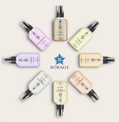 Eight Borage hair care spray bottles arranged in a circular pattern on a light beige background, featuring various pastel shades including pink, tan, yellow, lavender, white, peach, and cream.