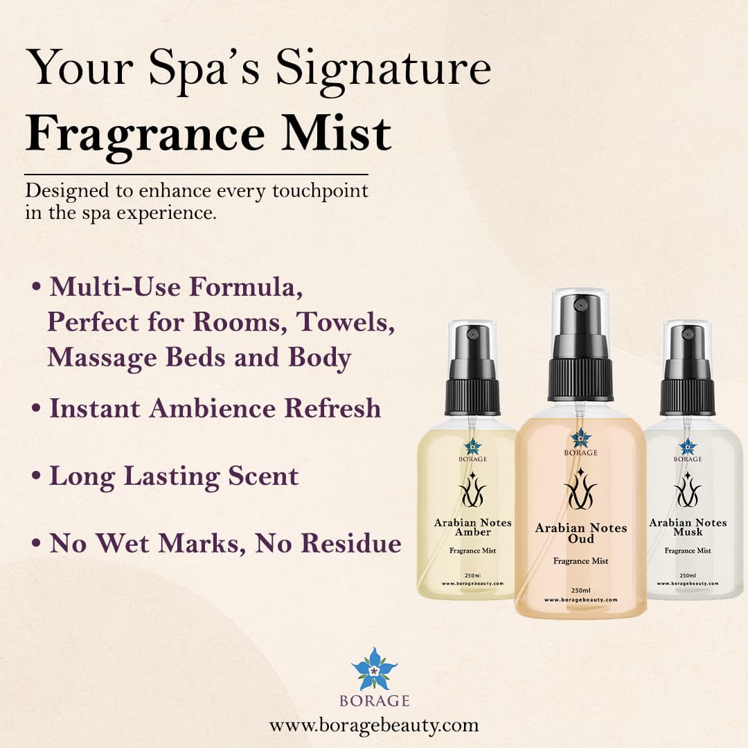 Borage beauty fragrance mist bottles with product details on a beige background