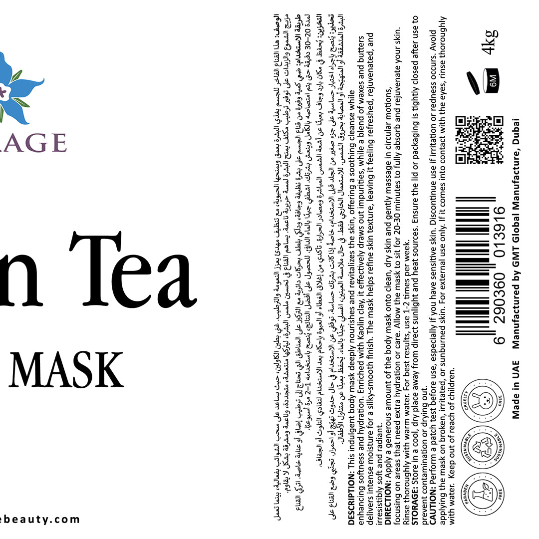 Label for a skin tea mask with text and branding elements.