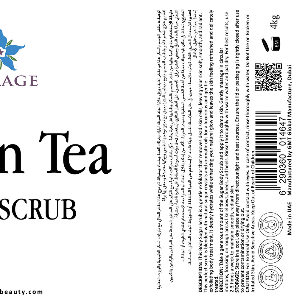 Label of a skin tea scrub with text and branding on a white background