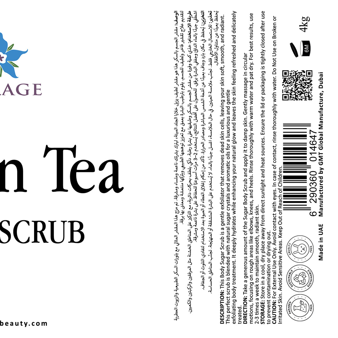 Label of a skin tea scrub with text and branding on a white background