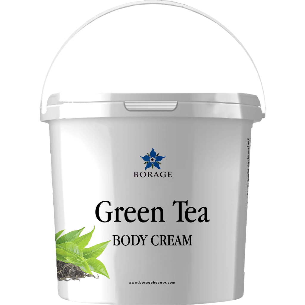 White container of Green Tea Body Cream with Borage logo on a white background