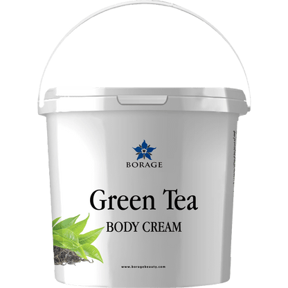 White container of Green Tea Body Cream with Borage logo on a white background