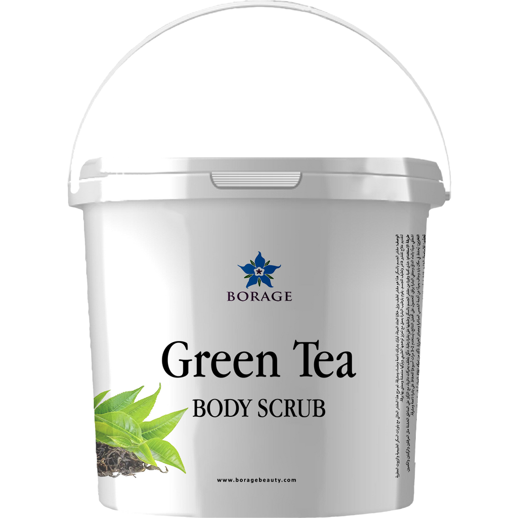 Bottle of Borage Green Tea Body Scrub on a white background