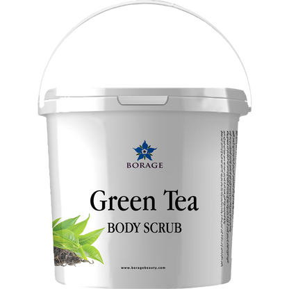 Bottle of Borage Green Tea Body Scrub on a white background