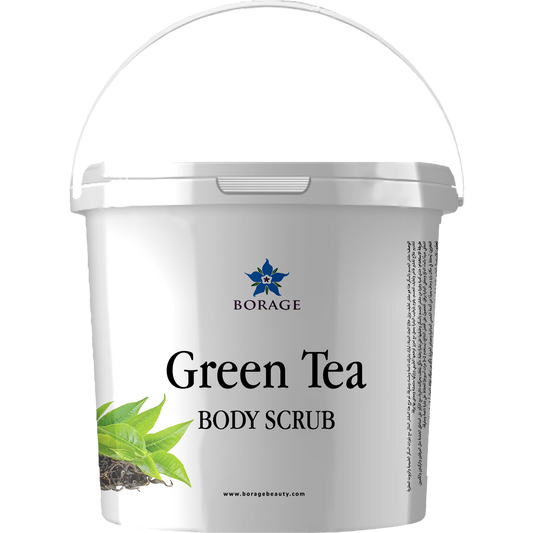 Bottle of Borage Green Tea Body Scrub on a white background