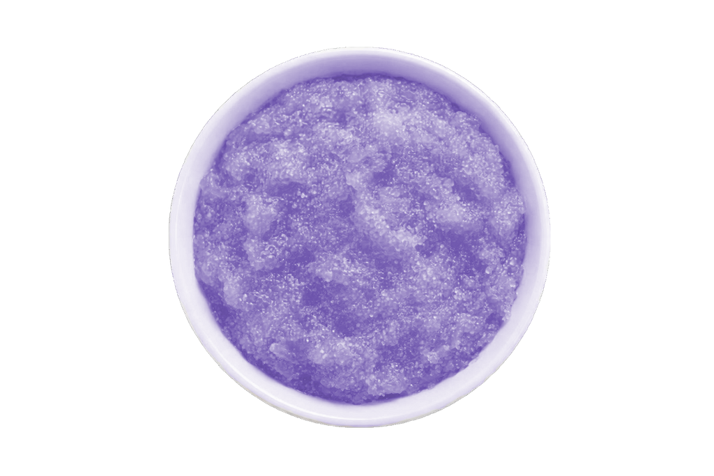 Purple scrub in a white bowl on a white background