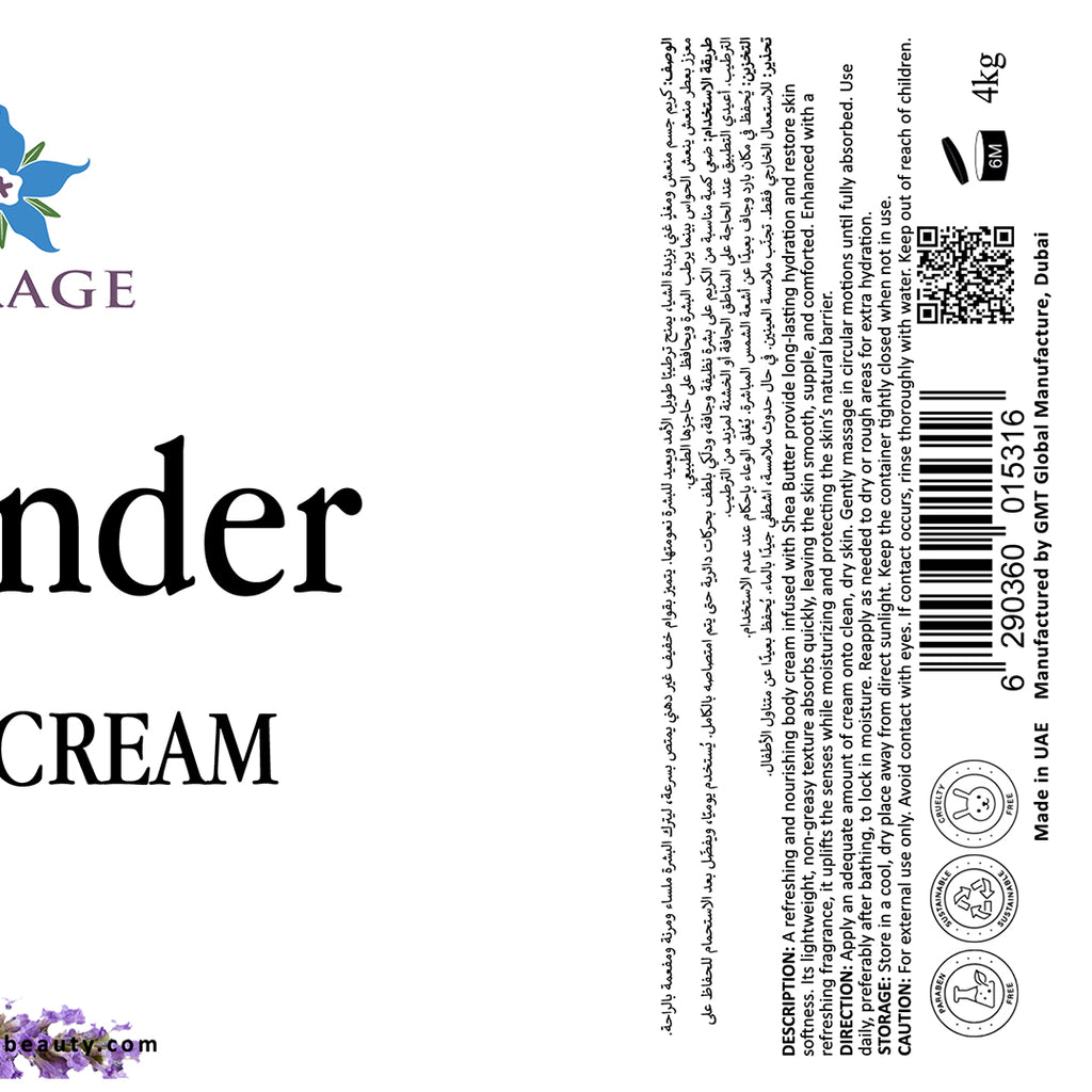 Lavender Body Cream ingredient and product label