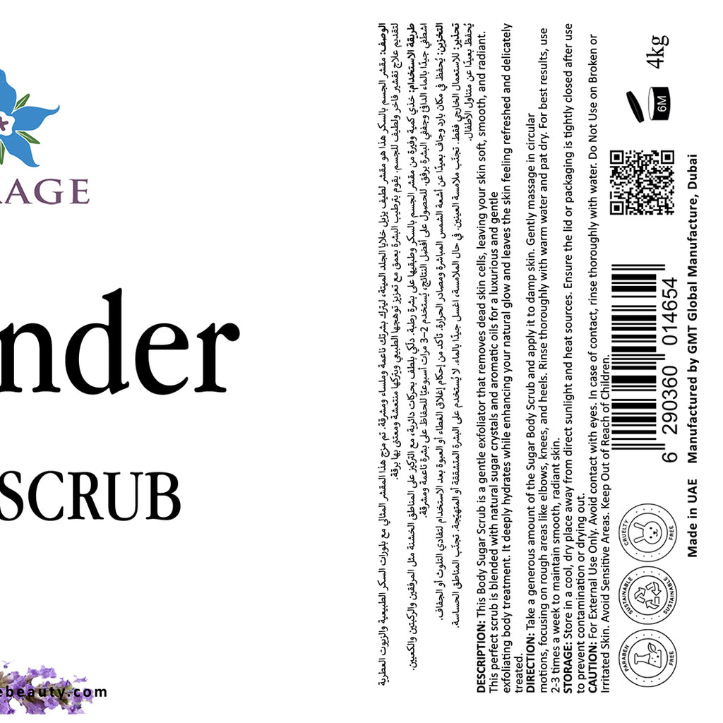 Product label for 'Lavender Scrub' with branding and text on a white background