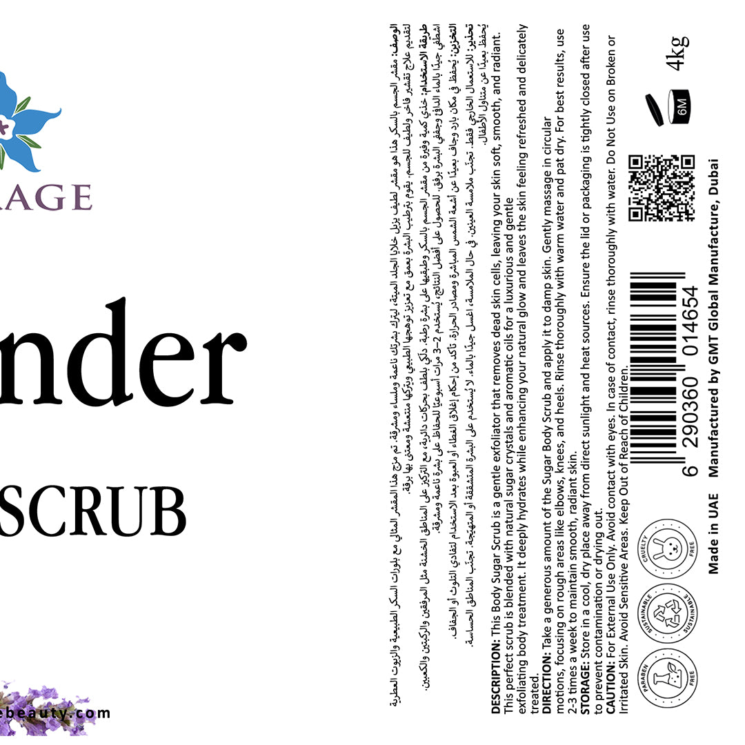Product label for 'Lavender Scrub' with branding and text on a white background