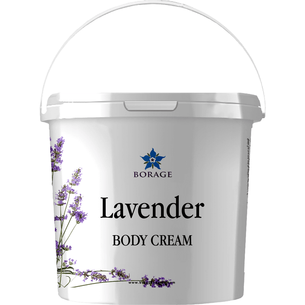 Bottle of lavender body cream with Borage logo on a white background
