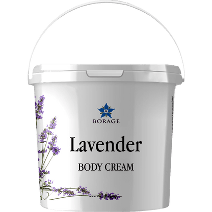 Bottle of lavender body cream with Borage logo on a white background