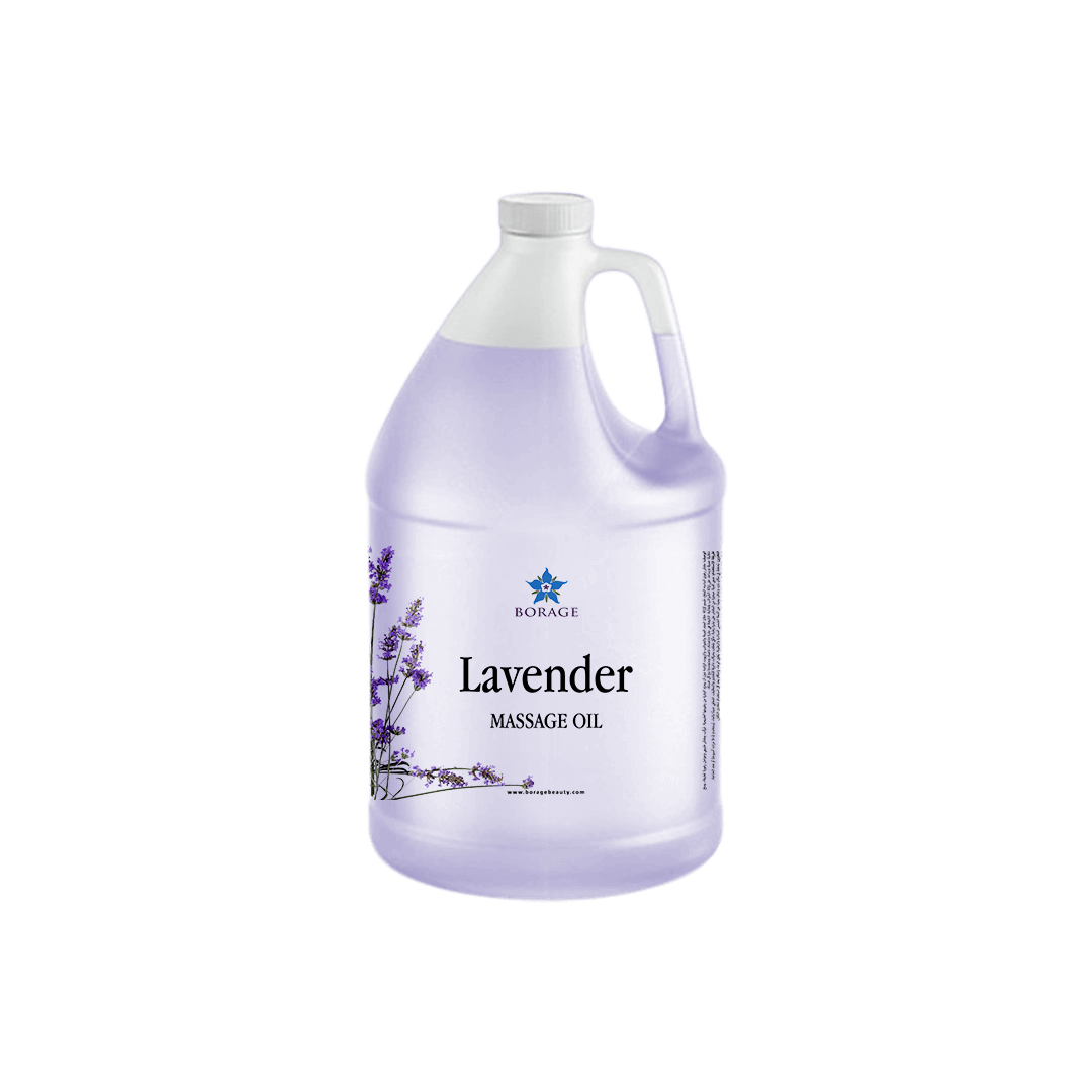 Bottle of lavender massage oil on a white background
