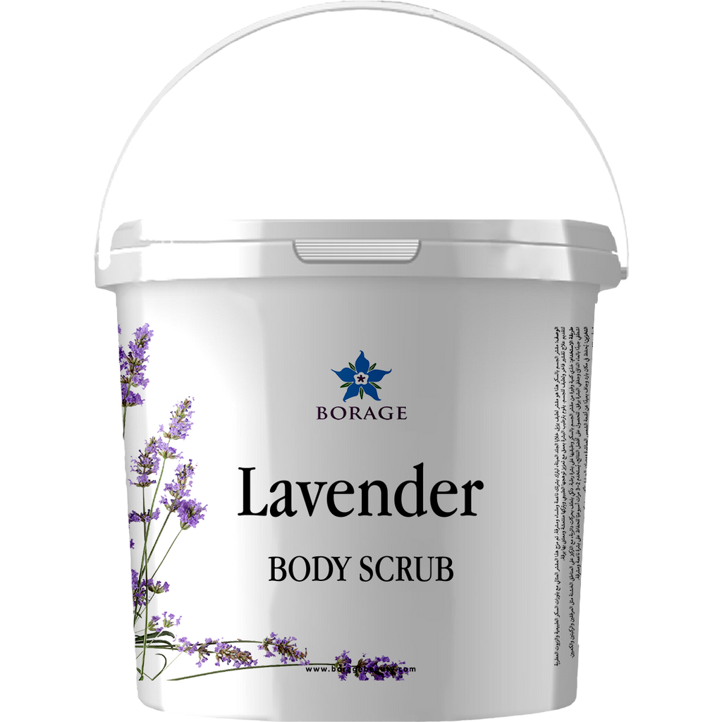 Bottle of lavender body scrub with Borage logo on a white background