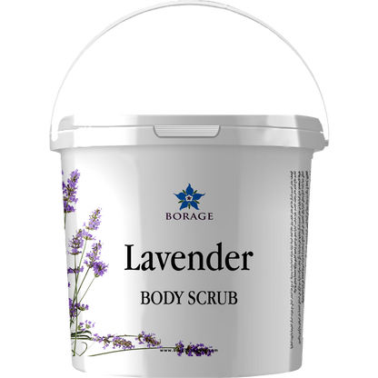Bottle of lavender body scrub with Borage logo on a white background