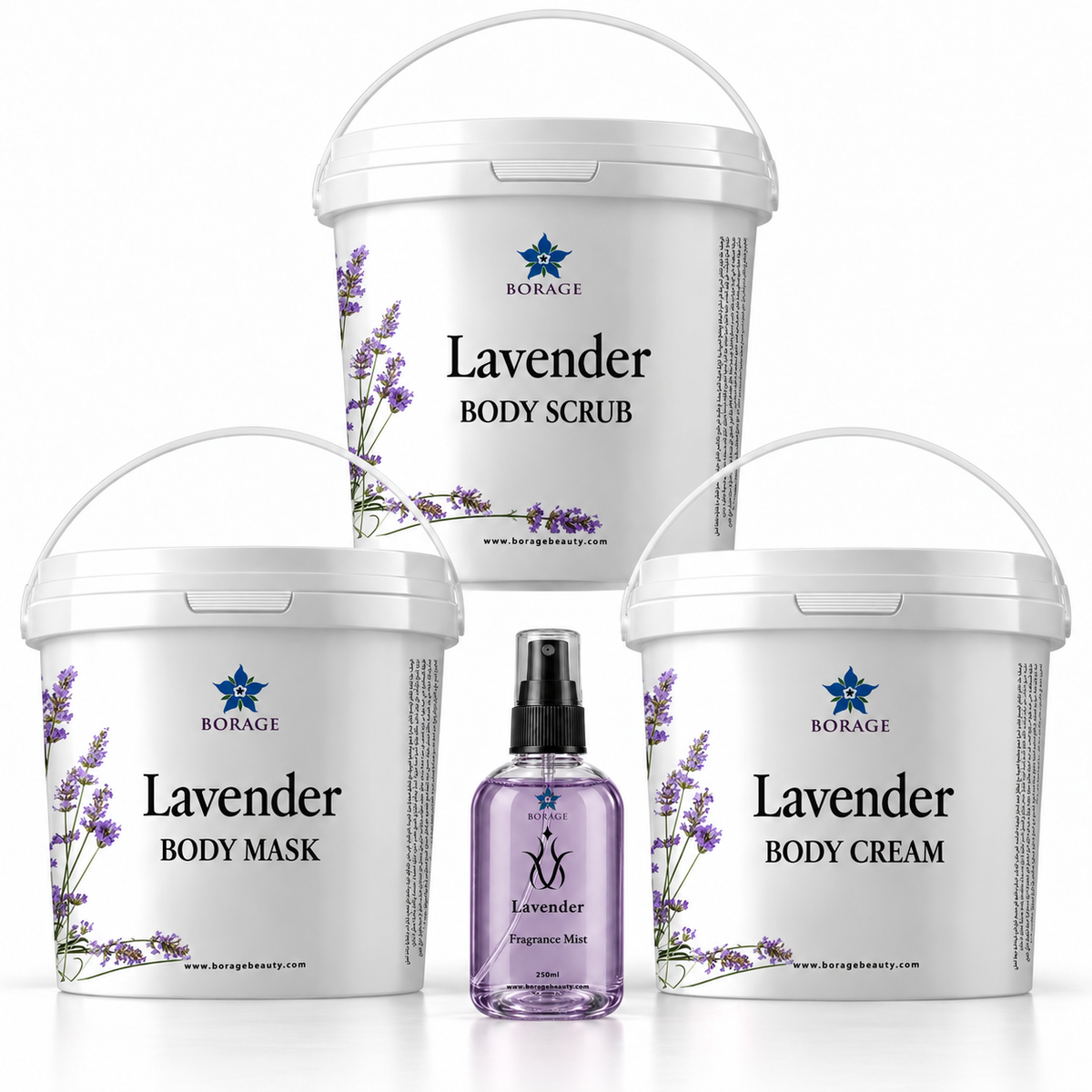 Lavender body care set with body scrub, mask, cream and spa fragrance