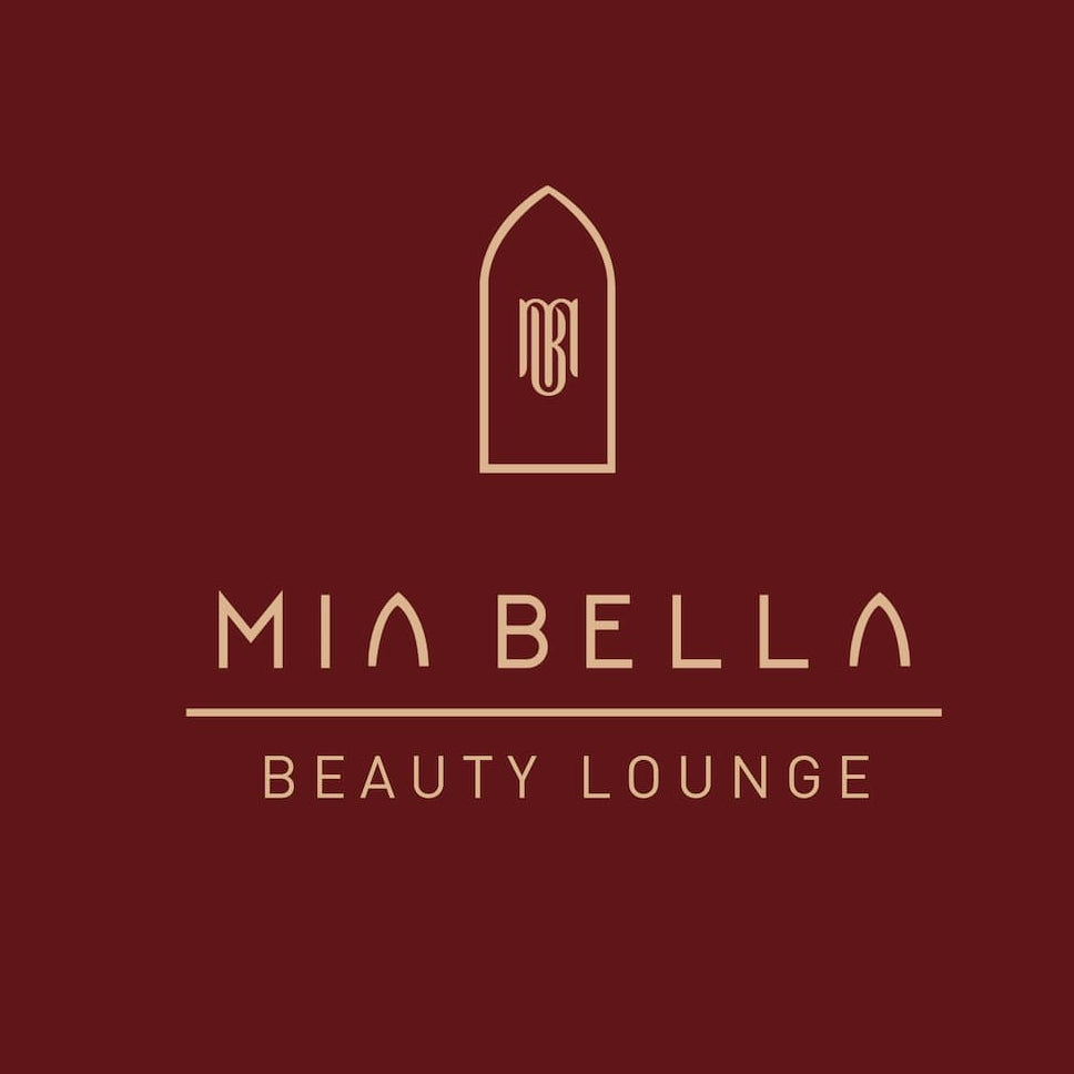 Logo of Mia Bella Beauty Lounge on a dark red background