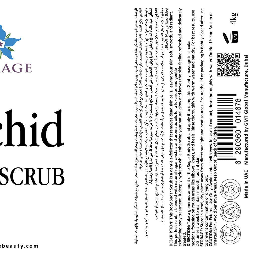 Product label for 'Orchid Scrub' with branding and text on a white background