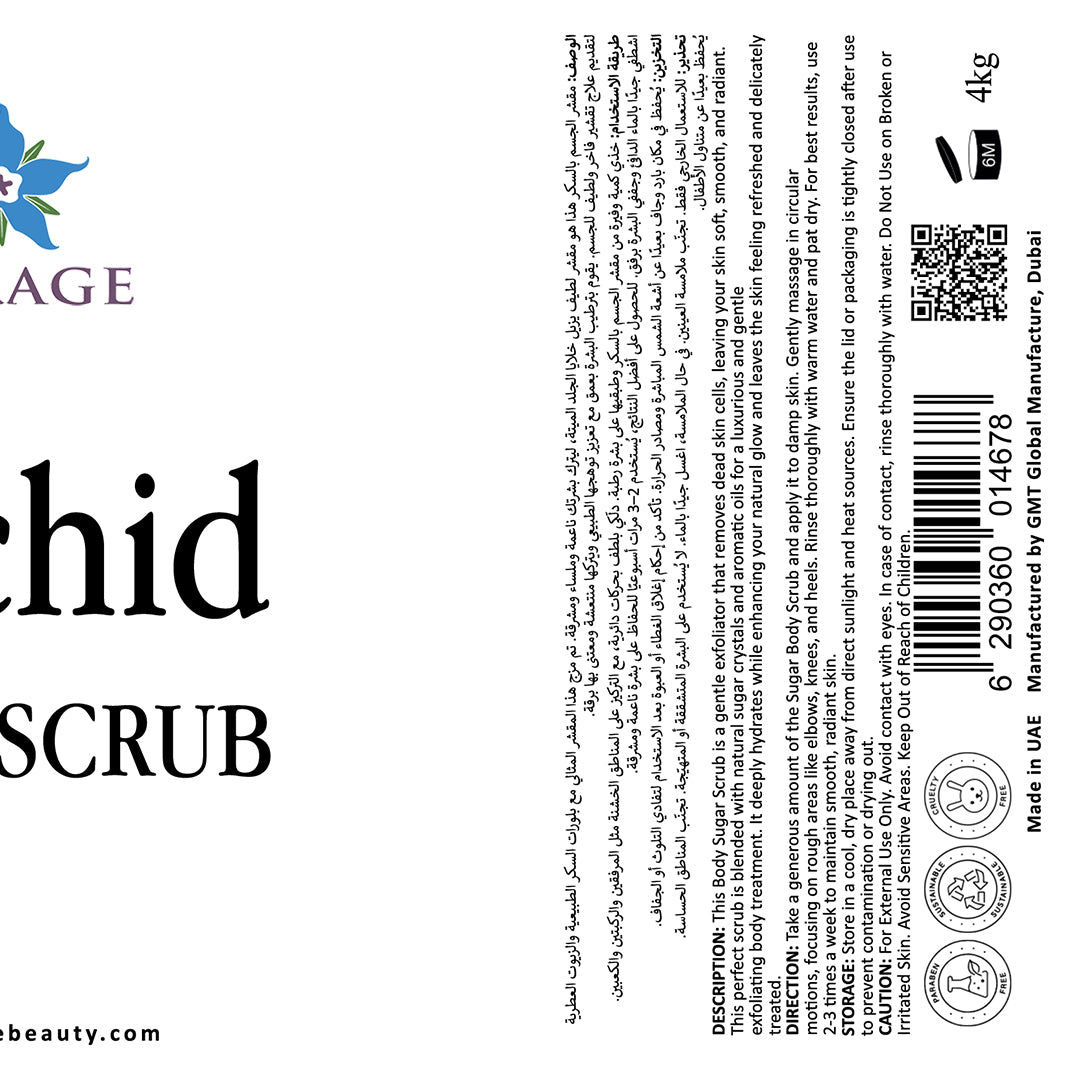 Product label for 'Orchid Scrub' with branding and text on a white background