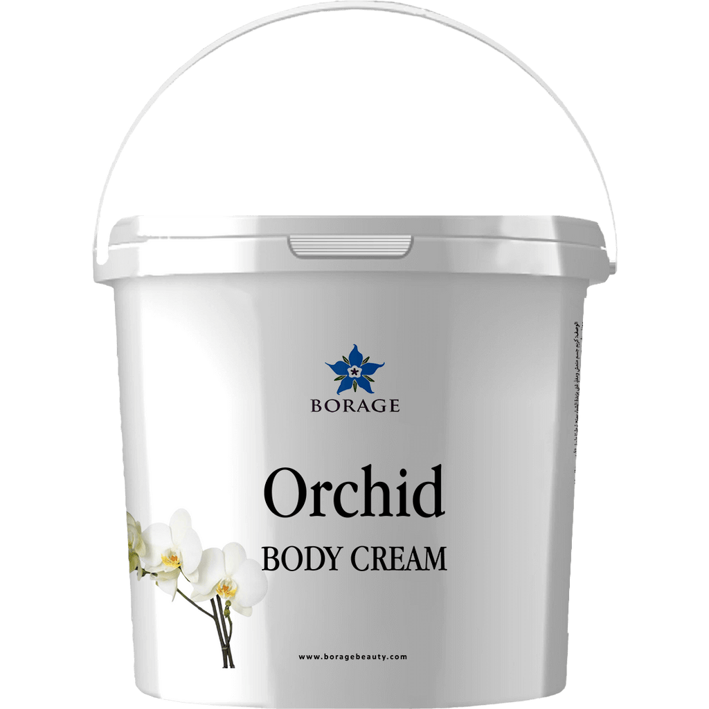 Bottle of Borage Orchid Body Cream on a white background