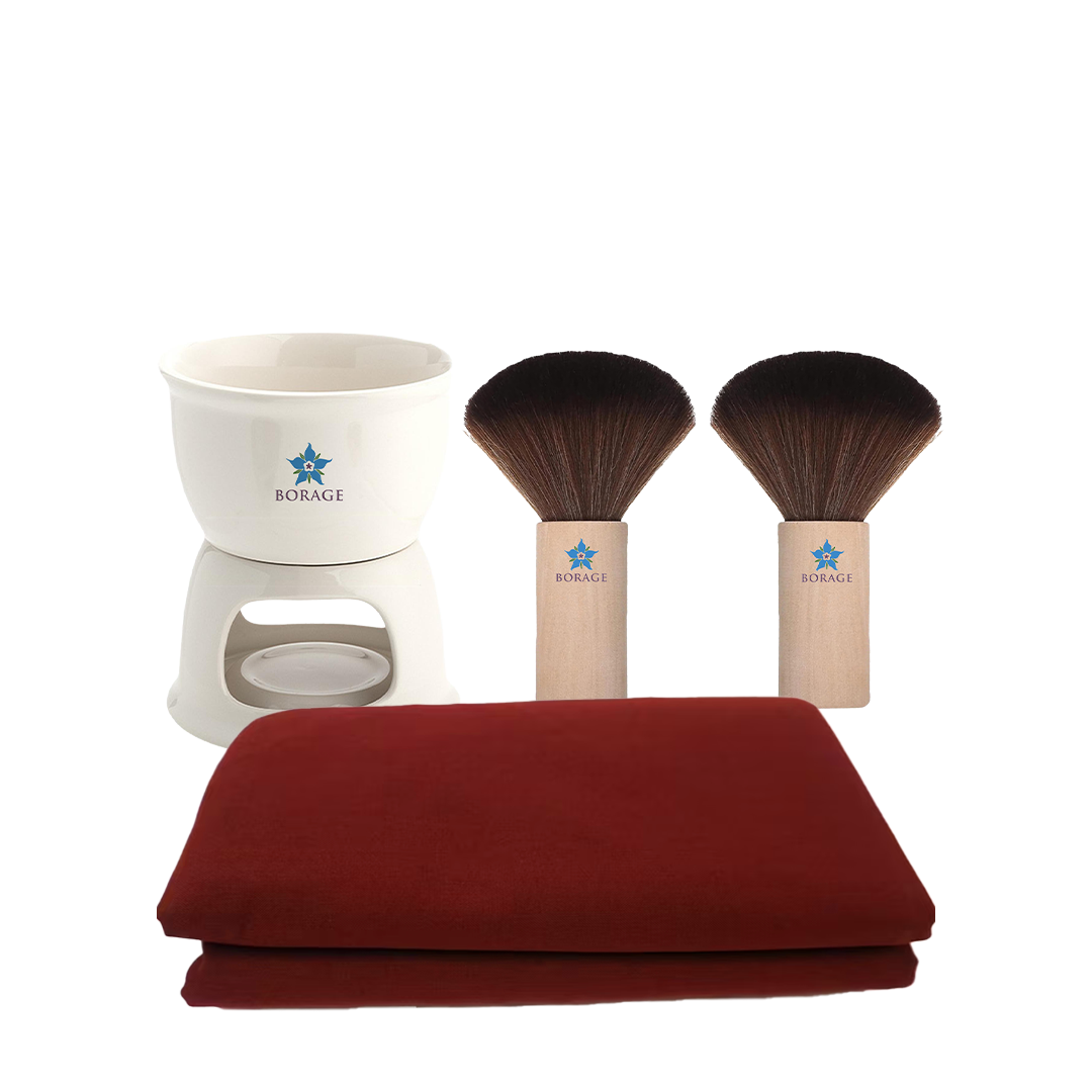 Set of makeup brushes with a white container and red towel on a white background, featuring the Borage brand.