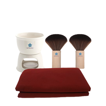 Set of Sakura brushes with a white container and red fabric a white background, featuring the Borage brand.