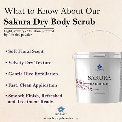 Borage Sakura Dry Body Scrub with product details on a beige background