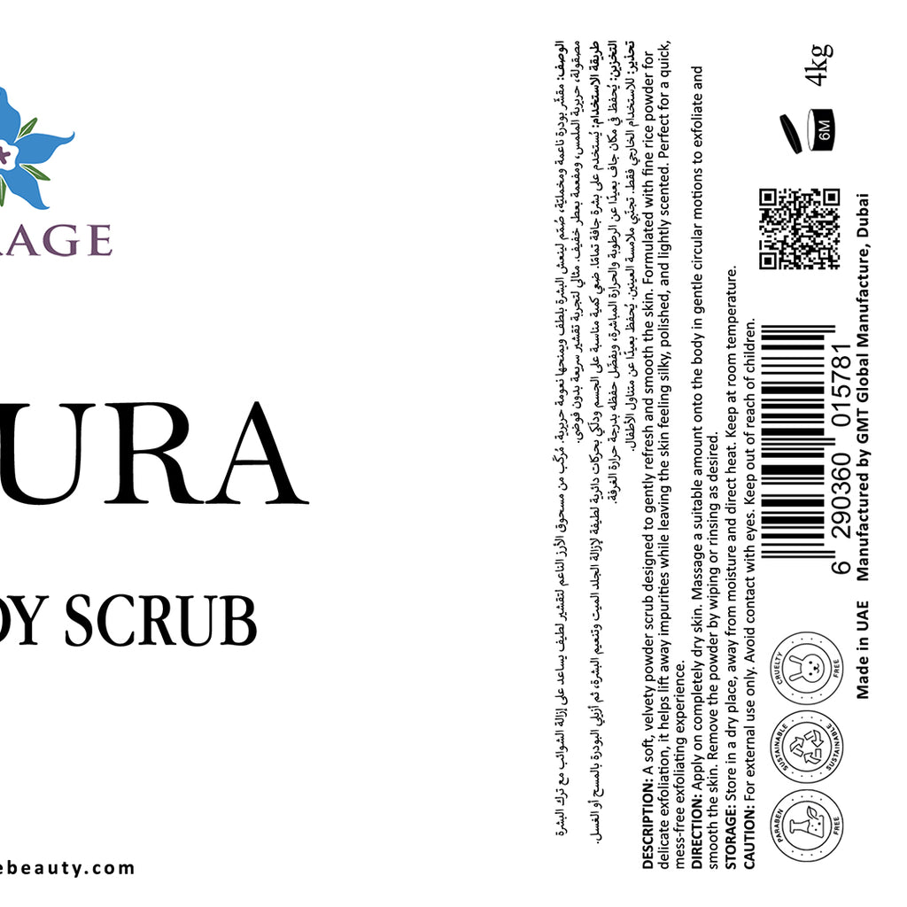 Label of a body scrub product with branding and product details.