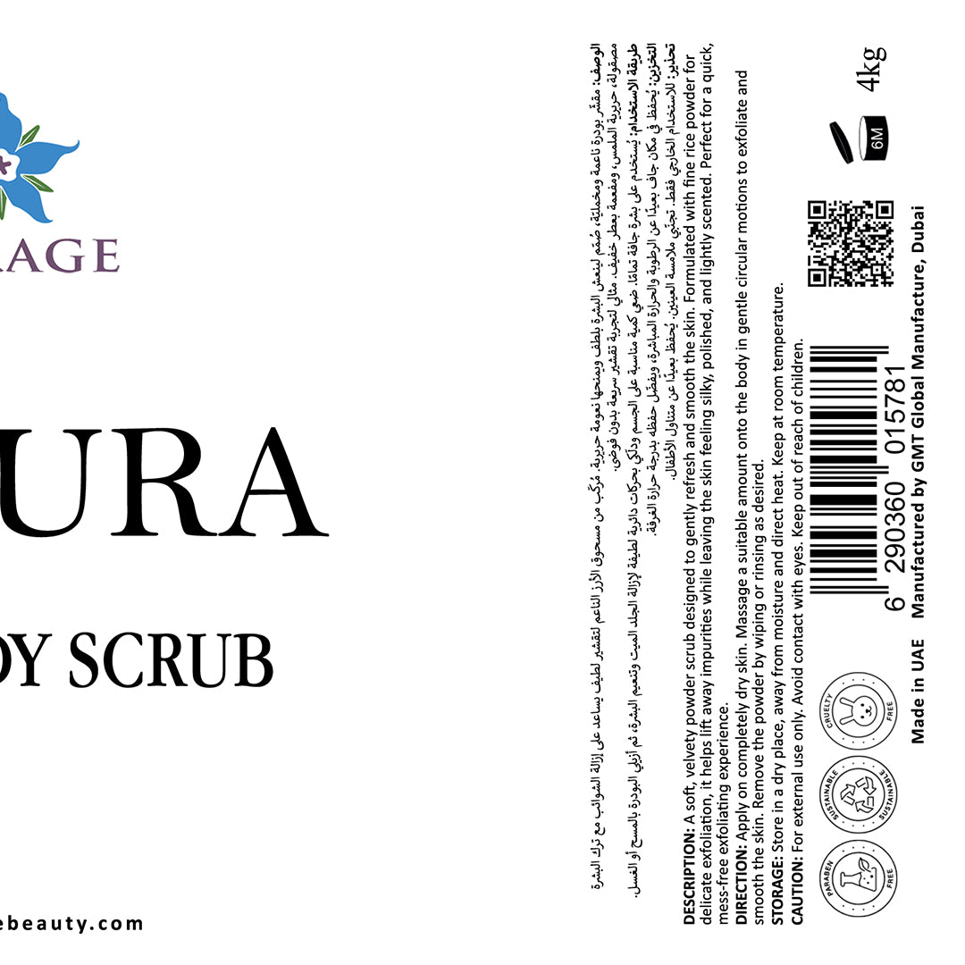Label of a body scrub product with branding and product details.
