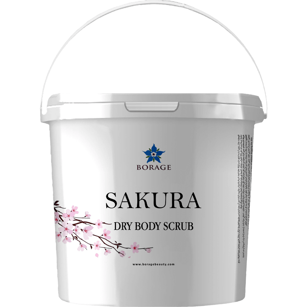 White container of Sakura dry body scrub with Borage branding on a white background