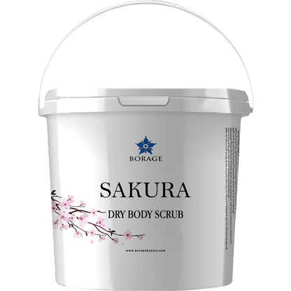 White container of Sakura dry body scrub with Borage branding on a white background