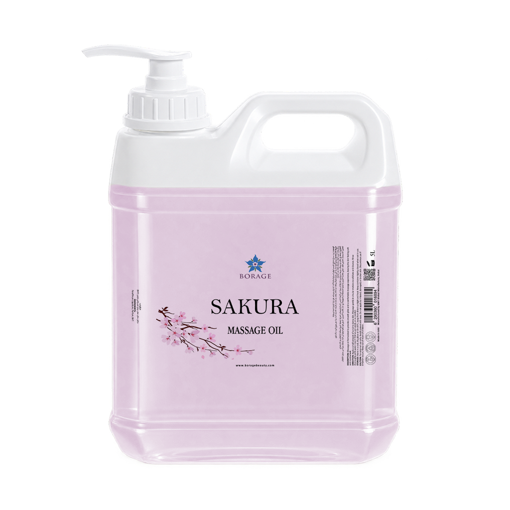 Bottle of Sakura massage oil on a white background