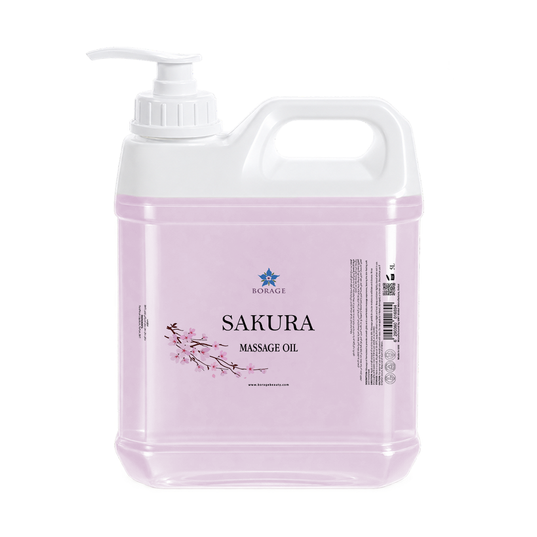 Bottle of Sakura massage oil on a white background