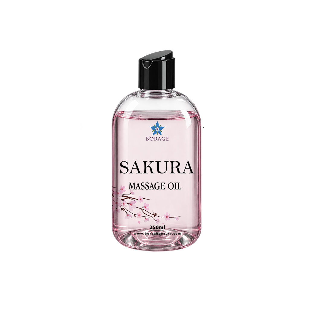 A bottle of BORAGE Sakura Massage Oil with a black flip-top cap, featuring a clear bottle filled with pink liquid and decorated with cherry blossom graphics on a white background.