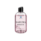 A bottle of BORAGE Sakura Massage Oil with a black flip-top cap, featuring a clear bottle filled with pink liquid and decorated with cherry blossom graphics on a white background.
