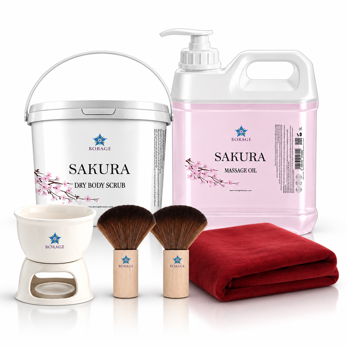 BORAGE Sakura Spa Ritual Set with dry body scrub, 5 L massage oil, brushes, massage heater and Sakura fabric