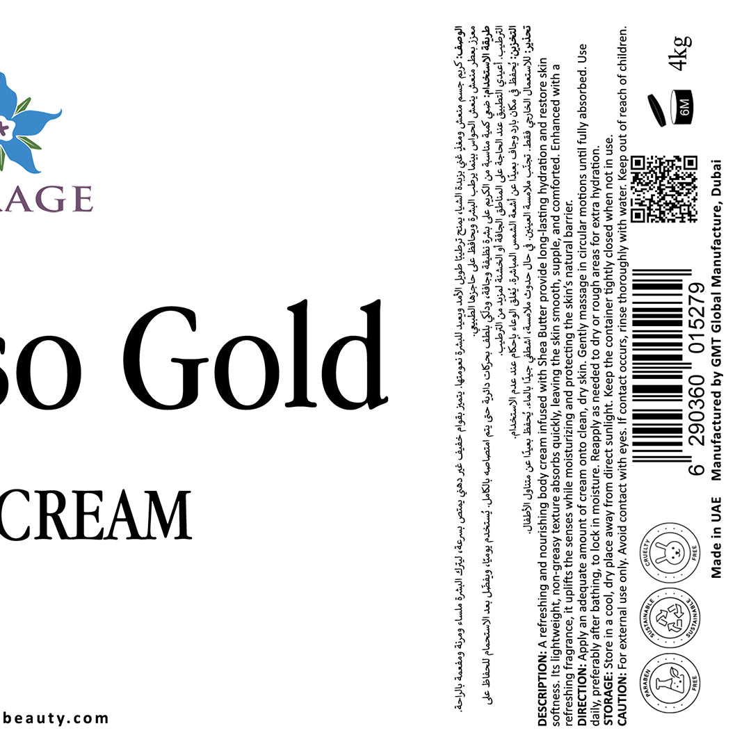 Label for 'L'Age So Gold Cream' with branding and product details.