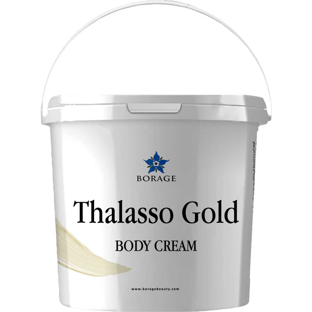 Bottle of Thalasso Gold body cream with Borage logo on a white background