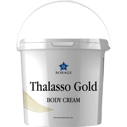 Bottle of Thalasso Gold body cream with Borage logo on a white background
