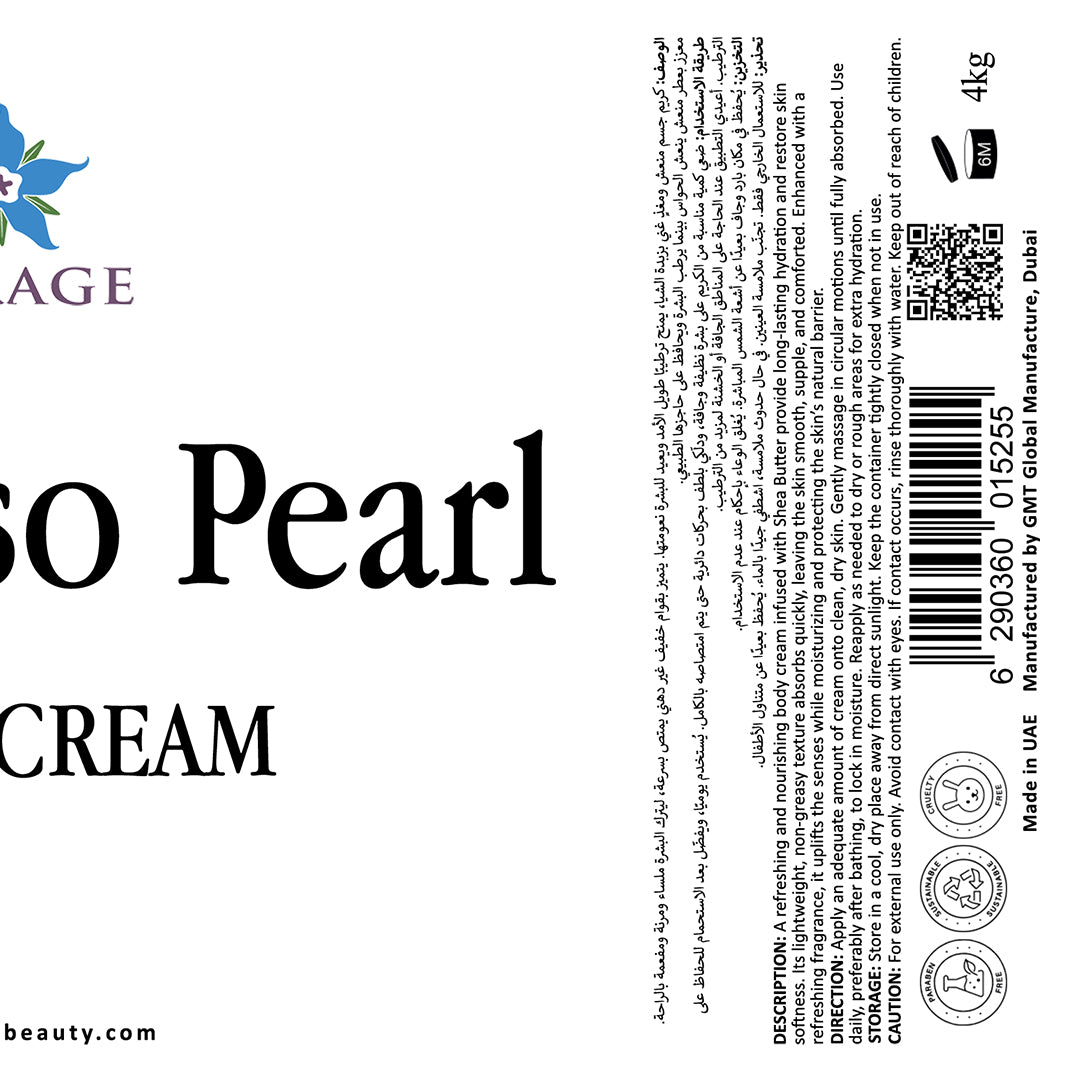 Label for 'Al Raso Pearl Cream' with branding and product details on a white background