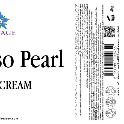 Label for 'Al Raso Pearl Cream' with branding and product details on a white background