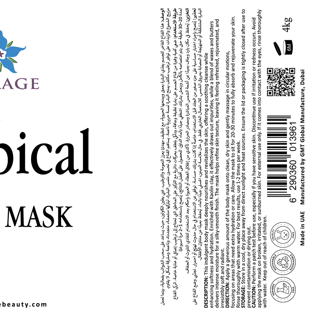 Label for a Tropical mask with text and branding elements on a white background
